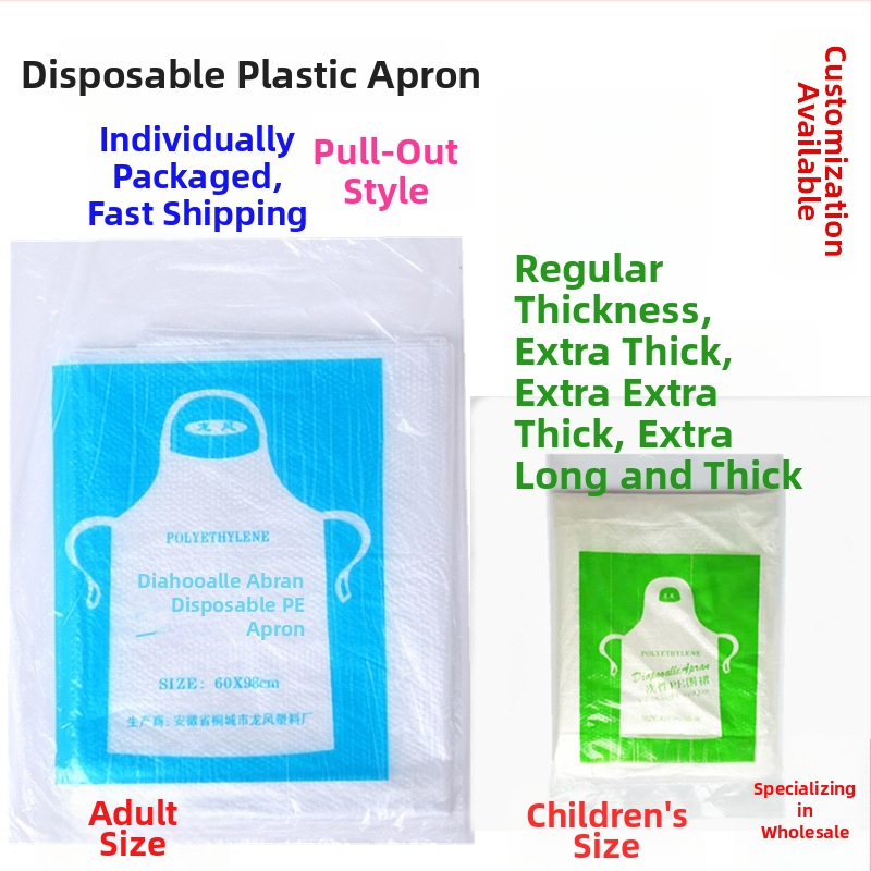 Vienkartinė PE plastiko prijuostė, skaidri, be rankovių, su logotipo spauda, storis 0,6