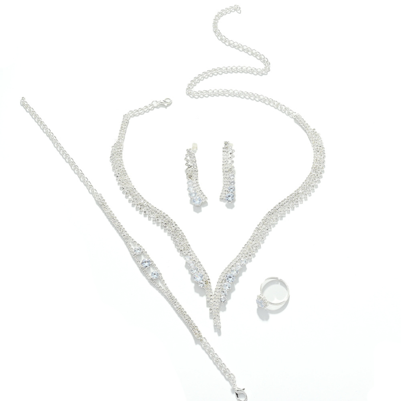 Set de bijuterii cu strasuri pentru femei - Patru piese, placare electrolitică, pandant geometric, cercei + colier + accesorii pentru mână