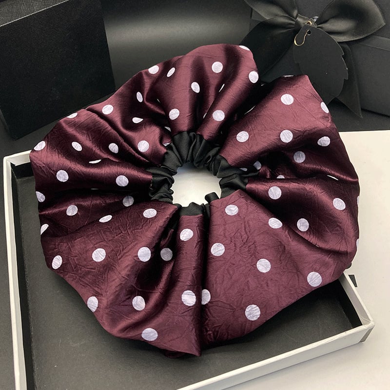 Ластичка за коса - сатенова с полка-дот дизайн, ретро елегантност, еластична ластичка за опашка (Материал: сатен; Обработка: Seiko; Произход: Jinhua; Стил: Оригинален дизайн; Еластичност: Висока)