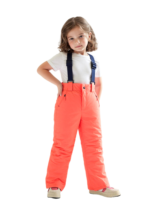 Dječje skijaške hlače s naramenicama – vodootporne, otporne na vjetar, prozračne, brzo se suše, tople; materijal: poliester; punilo: svilno vlakno