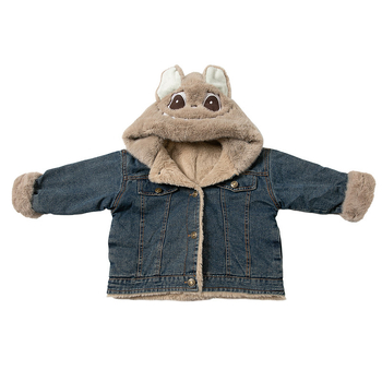 Jachetă denim pentru fete, căptușită cu fleece, cu glugă, groasă, lungime medie, mâneci lungi, închidere cu nasturi pe un rând