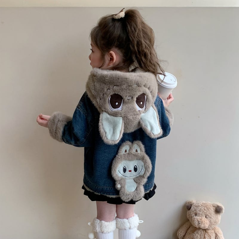 Jachetă denim pentru fete, căptușită cu fleece, cu glugă, groasă, lungime medie, mâneci lungi, închidere cu nasturi pe un rând