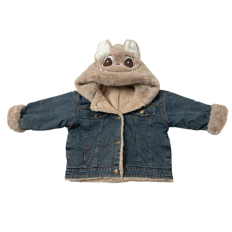 Jachetă denim pentru fete, căptușită cu fleece, cu glugă, groasă, lungime medie, mâneci lungi, închidere cu nasturi pe un rând