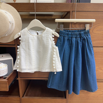 Set pentru copii în stil koreean, din două piese: cămașă fără mâneci și jeanși cu croială largă, bumbac 62%