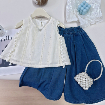 Set pentru copii în stil koreean, din două piese: cămașă fără mâneci și jeanși cu croială largă, bumbac 62%