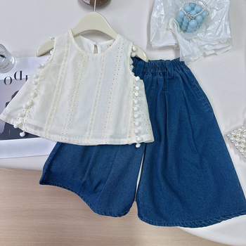 Set pentru copii în stil koreean, din două piese: cămașă fără mâneci și jeanși cu croială largă, bumbac 62%