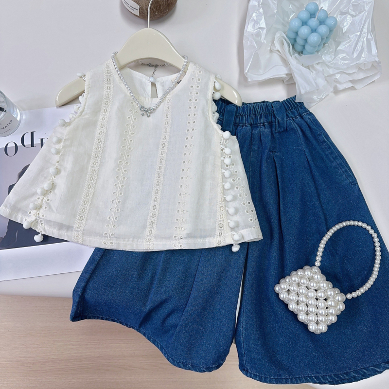 Set pentru copii în stil koreean, din două piese: cămașă fără mâneci și jeanși cu croială largă, bumbac 62%