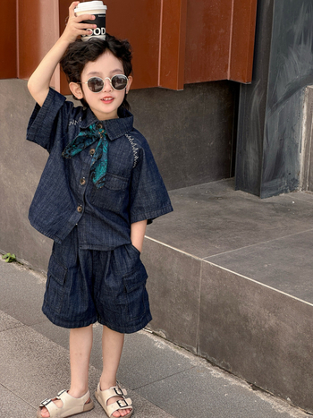 Costum de vară pentru copii, trei piese, unisex, 95% bumbac, cămașă cu mânecă scurtă, culoare solidă, tratament moale, include șal de mătase