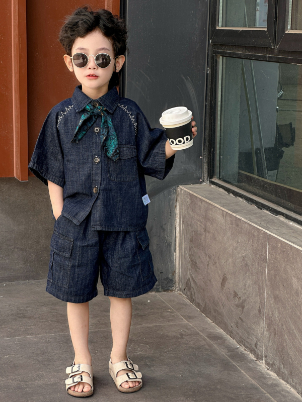 Costum de vară pentru copii, trei piese, unisex, 95% bumbac, cămașă cu mânecă scurtă, culoare solidă, tratament moale, include șal de mătase