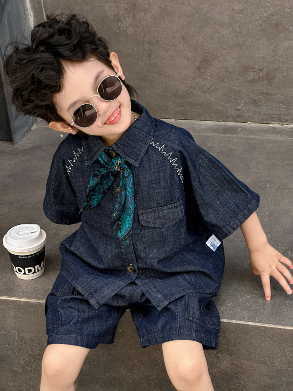 Costum de vară pentru copii, trei piese, unisex, 95% bumbac, cămașă cu mânecă scurtă, culoare solidă, tratament moale, include șal de mătase