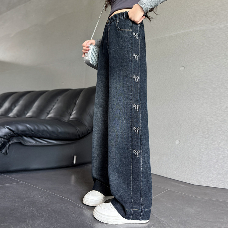 Jeansi din Denim, versiune Coreeană, talie înaltă cu curea elastică, material gros pentru iarnă, pentru copii 8 ani și peste