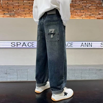 Blugi din denim pentru băieți, talie medie cu elastic, pentru copii peste 8 ani, primăvară-vară-toamnă 2025