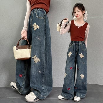 Jeansi pentru fete - drepti, largi, talie medie cu elastic, material denim Cowboy 55%, modele animale/desene animate/flori, toamnă-iarnă 2025