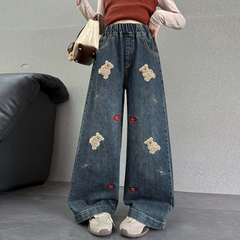 Jeansi pentru fete - drepti, largi, talie medie cu elastic, material denim Cowboy 55%, modele animale/desene animate/flori, toamnă-iarnă 2025