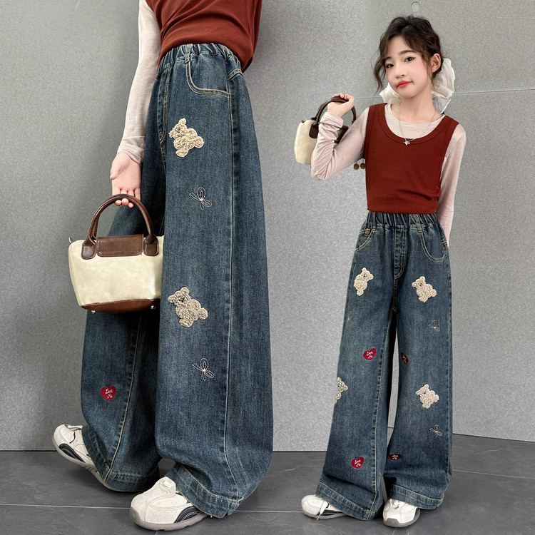 Jeansi pentru fete - drepti, largi, talie medie cu elastic, material denim Cowboy 55%, modele animale/desene animate/flori, toamnă-iarnă 2025