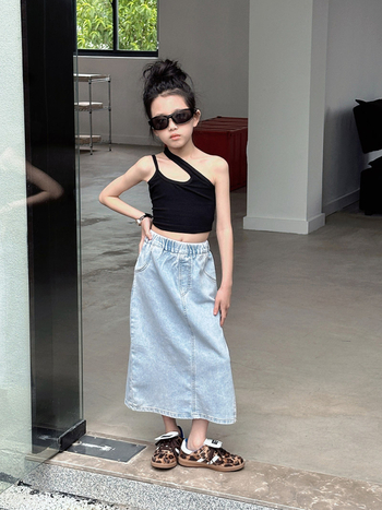 Costum pentru fetițe în stil coreean, fustă din bumbac, cu despicare, pentru copii peste 8 ani (>140 cm), primăvara 2024