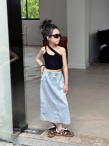 Costum pentru fetițe în stil coreean, fustă din bumbac, cu despicare, pentru copii peste 8 ani (>140 cm), primăvara 2024