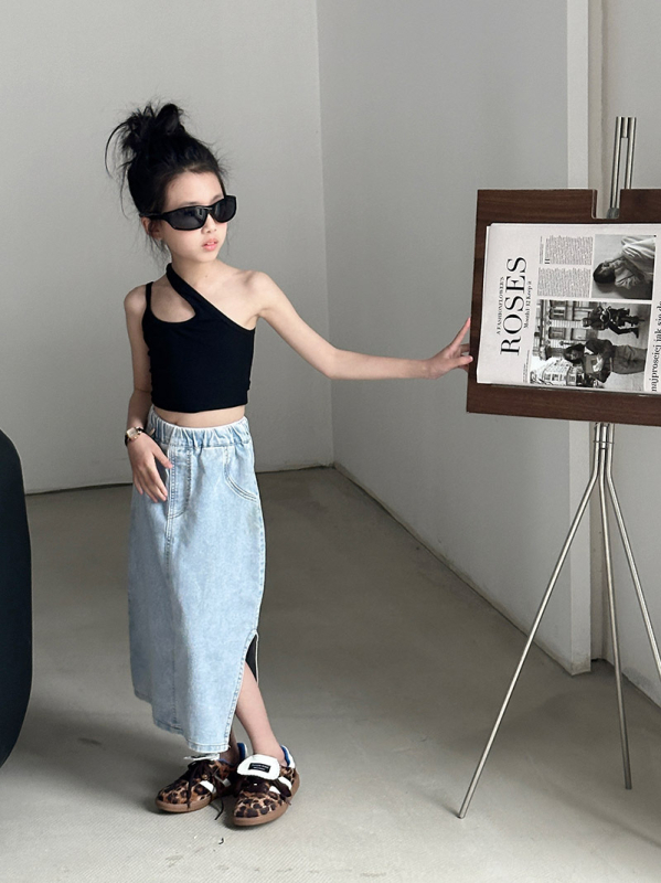 Costum pentru fetițe în stil coreean, fustă din bumbac, cu despicare, pentru copii peste 8 ani (>140 cm), primăvara 2024