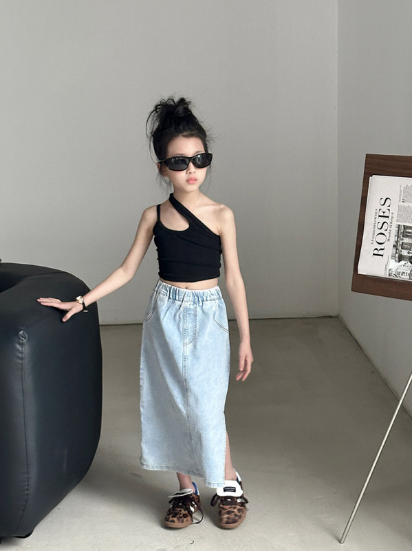 Costum pentru fetițe în stil coreean, fustă din bumbac, cu despicare, pentru copii peste 8 ani (>140 cm), primăvara 2024