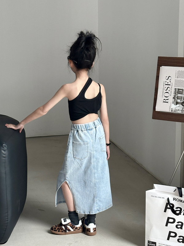 Costum pentru fetițe în stil coreean, fustă din bumbac, cu despicare, pentru copii peste 8 ani (>140 cm), primăvara 2024