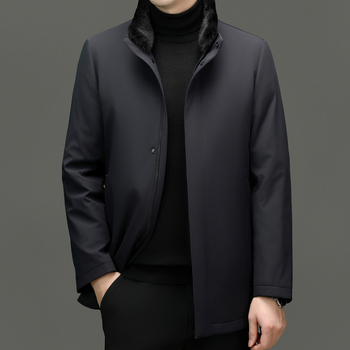 Muška zimna jakna s perjem, s odvojivim ovratnikom od mink kože i uklonjivom unutarnjom podstavom, punilo bijelog patka pera, debela i otporna na vjetar, zaštita od hladnoće od -20°C do -5°C