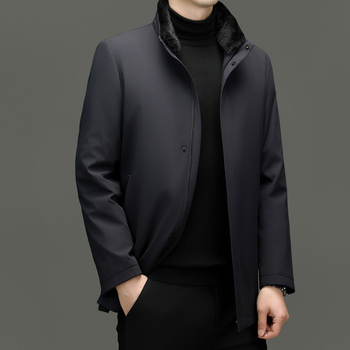 Muška zimna jakna s perjem, s odvojivim ovratnikom od mink kože i uklonjivom unutarnjom podstavom, punilo bijelog patka pera, debela i otporna na vjetar, zaštita od hladnoće od -20°C do -5°C