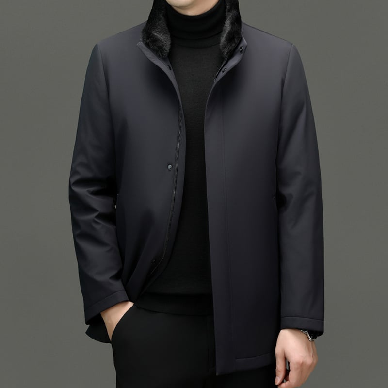 Muška zimna jakna s perjem, s odvojivim ovratnikom od mink kože i uklonjivom unutarnjom podstavom, punilo bijelog patka pera, debela i otporna na vjetar, zaštita od hladnoće od -20°C do -5°C