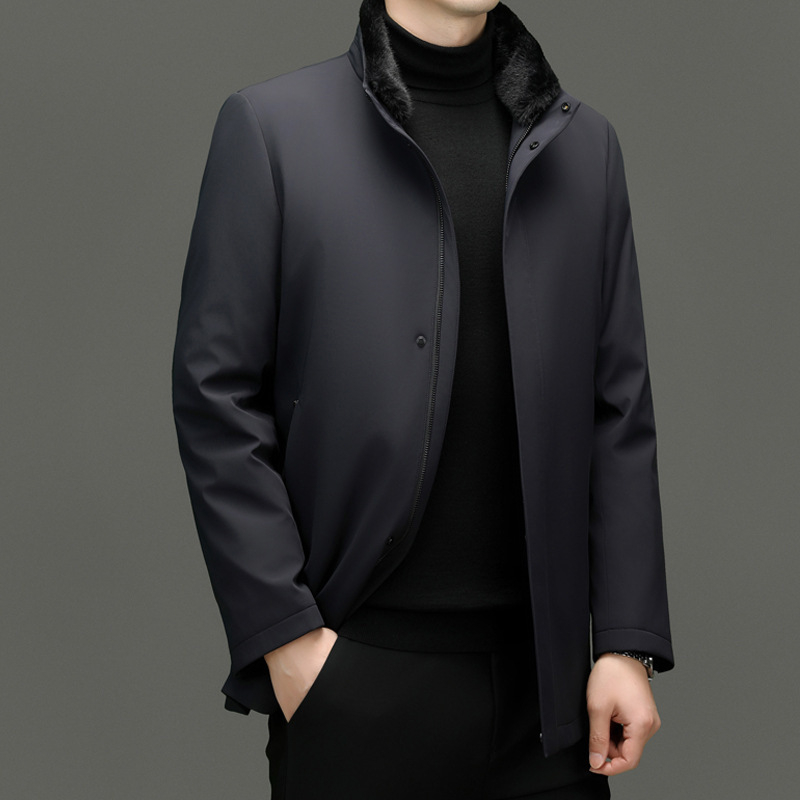 Muška zimna jakna s perjem, s odvojivim ovratnikom od mink kože i uklonjivom unutarnjom podstavom, punilo bijelog patka pera, debela i otporna na vjetar, zaštita od hladnoće od -20°C do -5°C