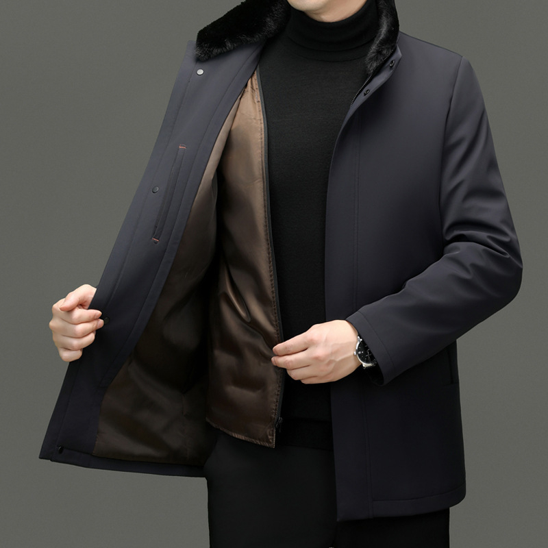 Muška zimna jakna s perjem, s odvojivim ovratnikom od mink kože i uklonjivom unutarnjom podstavom, punilo bijelog patka pera, debela i otporna na vjetar, zaštita od hladnoće od -20°C do -5°C