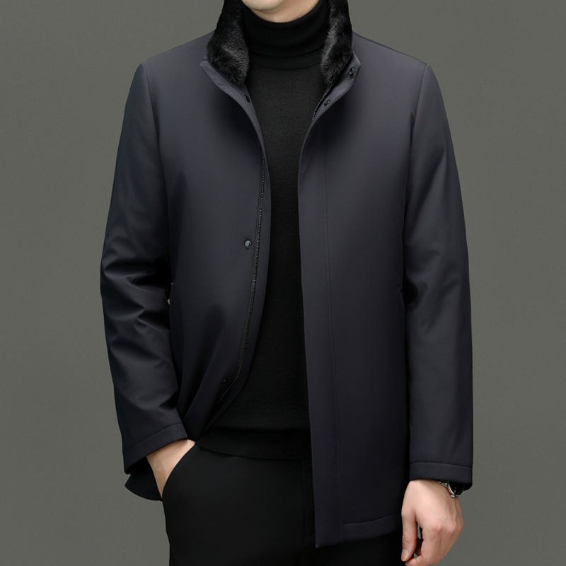 Muška zimna jakna s perjem, s odvojivim ovratnikom od mink kože i uklonjivom unutarnjom podstavom, punilo bijelog patka pera, debela i otporna na vjetar, zaštita od hladnoće od -20°C do -5°C