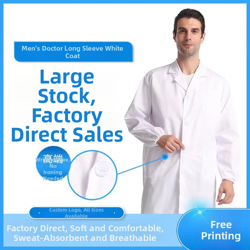 Balta medvilninio laboratorinio chalato medicinos priežiūrai, su ilgomis rankovėmis, su logotipo spaudu (Audinys: medvilnė; Pagrindinė audinio sudėtis 35%; Pamušalas: medvilnė; Pamušalo sudėtis 35%)