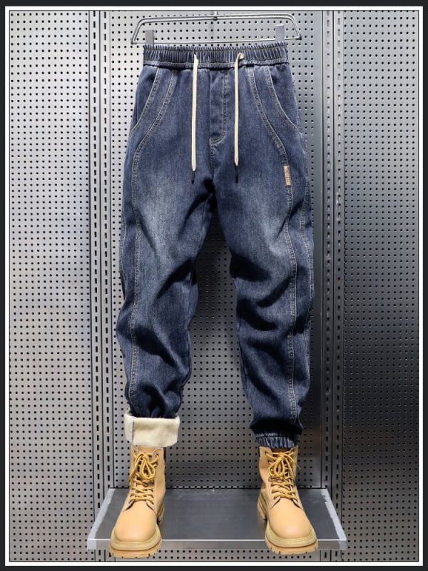 Αντρικά τζιν με επένδυση φλίς, παχύτερο ντένιμ; χειμερινό στυλ Χάρεμ Τζόγκερ, μεσαία μέση, φερμουάρ