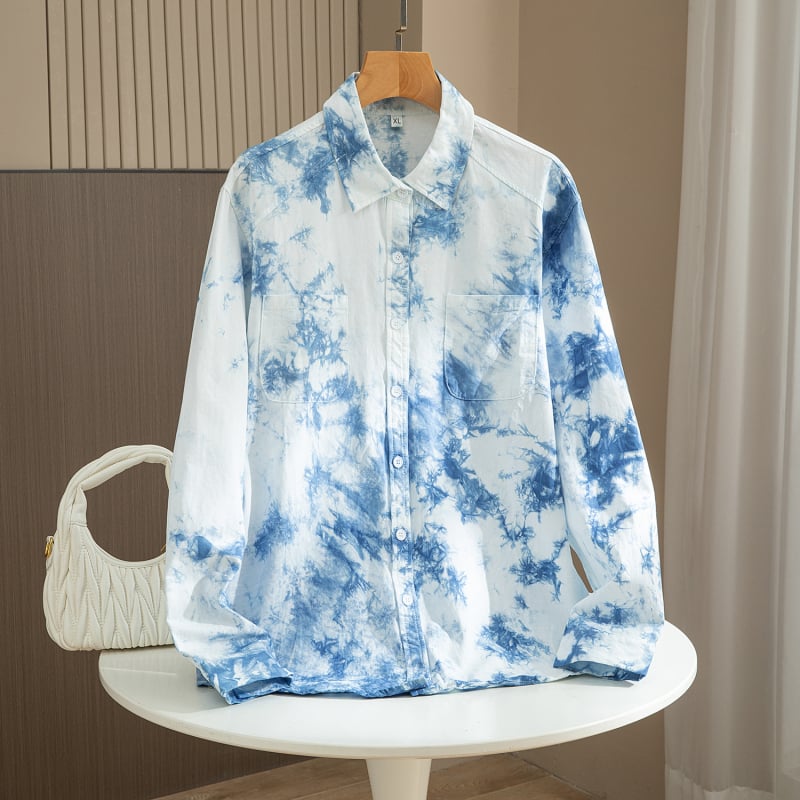 Muška košulja s tie-dye uzorkom, ručno šivena, elegantna, visoke kvalitete, u korejskom stilu, proljeće–jesen 2025, opušten kroj, dugi rukav