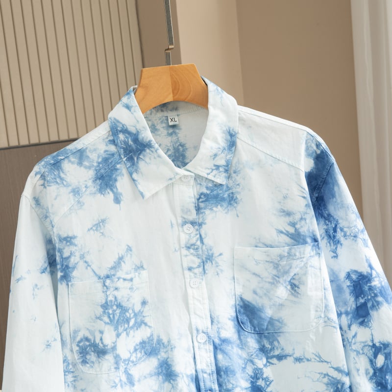 Muška košulja s tie-dye uzorkom, ručno šivena, elegantna, visoke kvalitete, u korejskom stilu, proljeće–jesen 2025, opušten kroj, dugi rukav