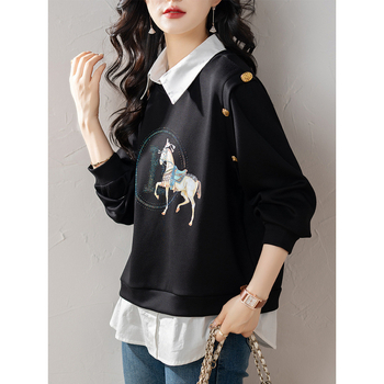 Ženski sweatshir s okruglim izrezom i patchworkom, jesen 2025, udobna slobodna silueta s dugim rukavima, 100% poliester