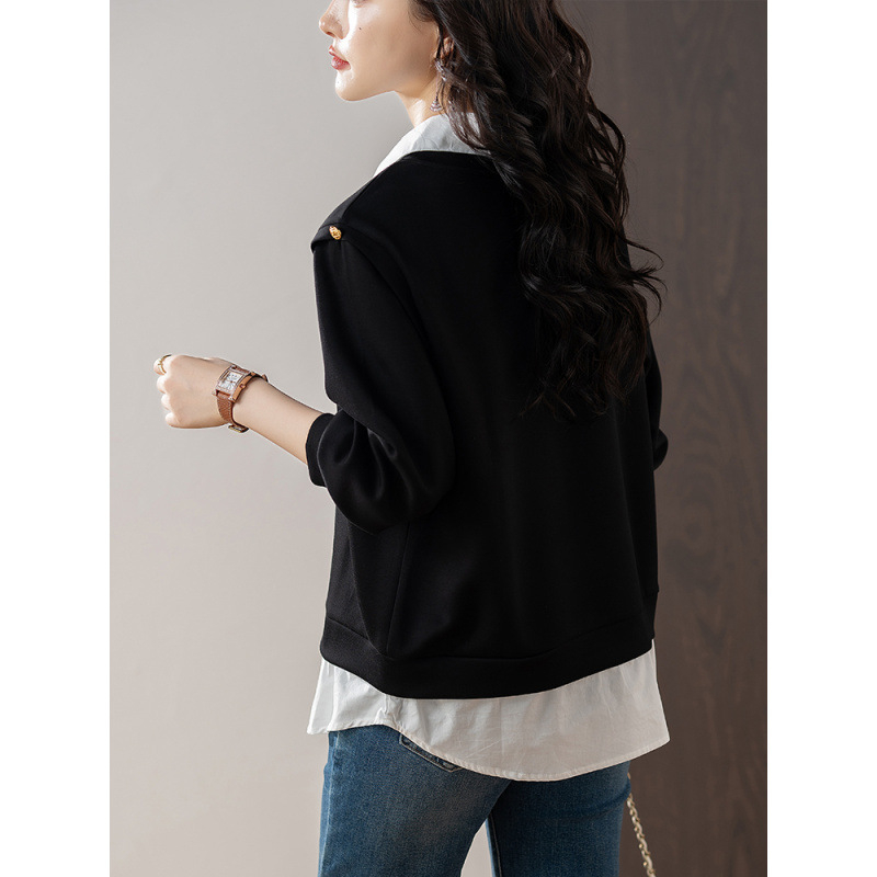 Ženski sweatshir s okruglim izrezom i patchworkom, jesen 2025, udobna slobodna silueta s dugim rukavima, 100% poliester