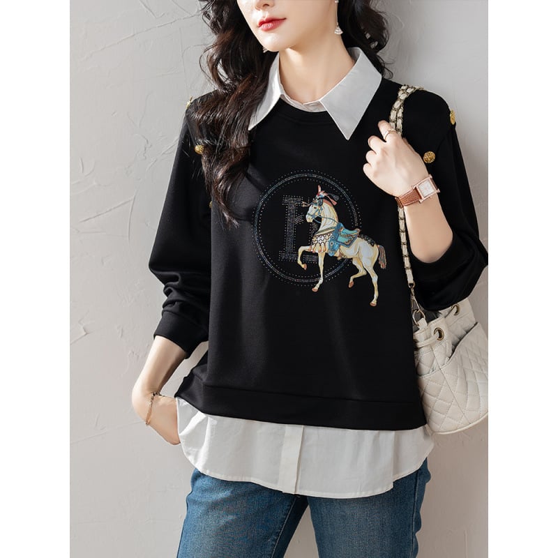 Ženski sweatshir s okruglim izrezom i patchworkom, jesen 2025, udobna slobodna silueta s dugim rukavima, 100% poliester