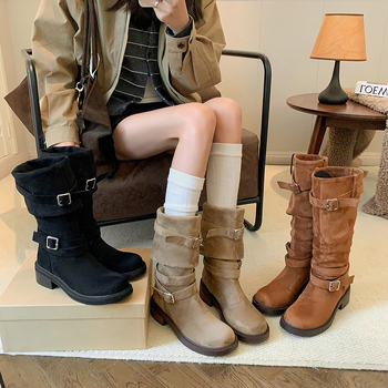 Čizme viteza od semiša, dvostruko nošenje, visok šaht, okrugli vrh, debeli potpet 3–5 cm