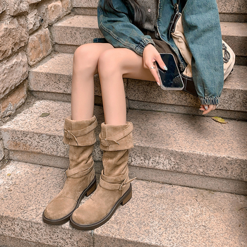 Čizme viteza od semiša, dvostruko nošenje, visok šaht, okrugli vrh, debeli potpet 3–5 cm