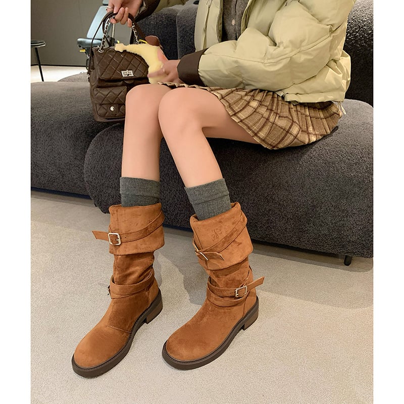 Čizme viteza od semiša, dvostruko nošenje, visok šaht, okrugli vrh, debeli potpet 3–5 cm