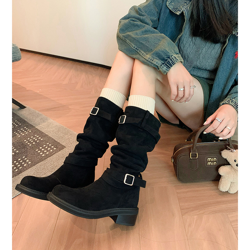 Čizme viteza od semiša, dvostruko nošenje, visok šaht, okrugli vrh, debeli potpet 3–5 cm