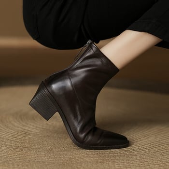 Kožne čizme do gležnja s oštrim nosom, stražnji zatvarač, debeli pet 3–5 cm, niski kroj