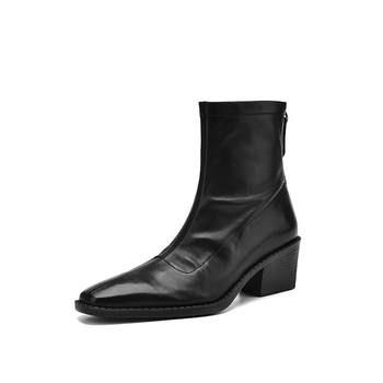 Kožne čizme do gležnja s oštrim nosom, stražnji zatvarač, debeli pet 3–5 cm, niski kroj