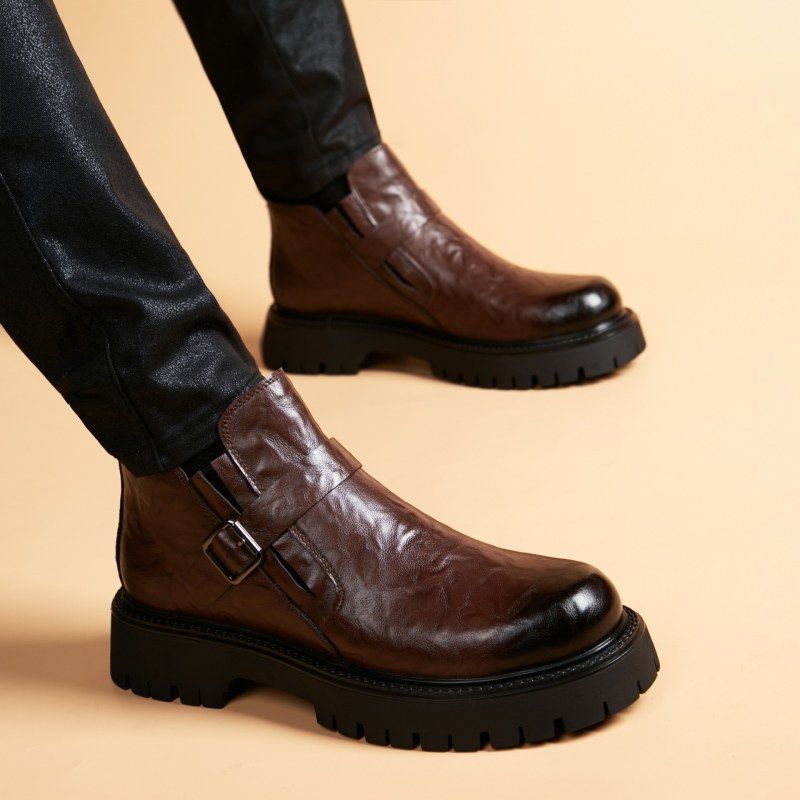 Мъжки мартин ботуши с дебела подметка, стил Челси; горна част от две слоя телешка кожа, подметка гума, ток 3-5 см, марка ORP/Olp