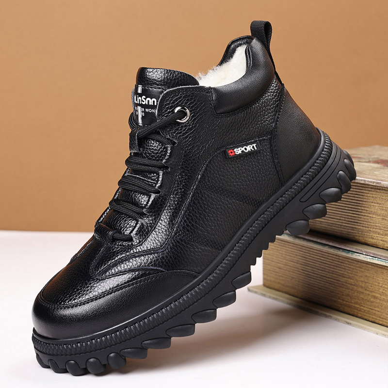 Pantofi de iarnă pentru bărbați, din piele de vită de prim-strat, căptuți cu fleece, talpă din cauciuc, anti-derapare și rezistenți la uzură