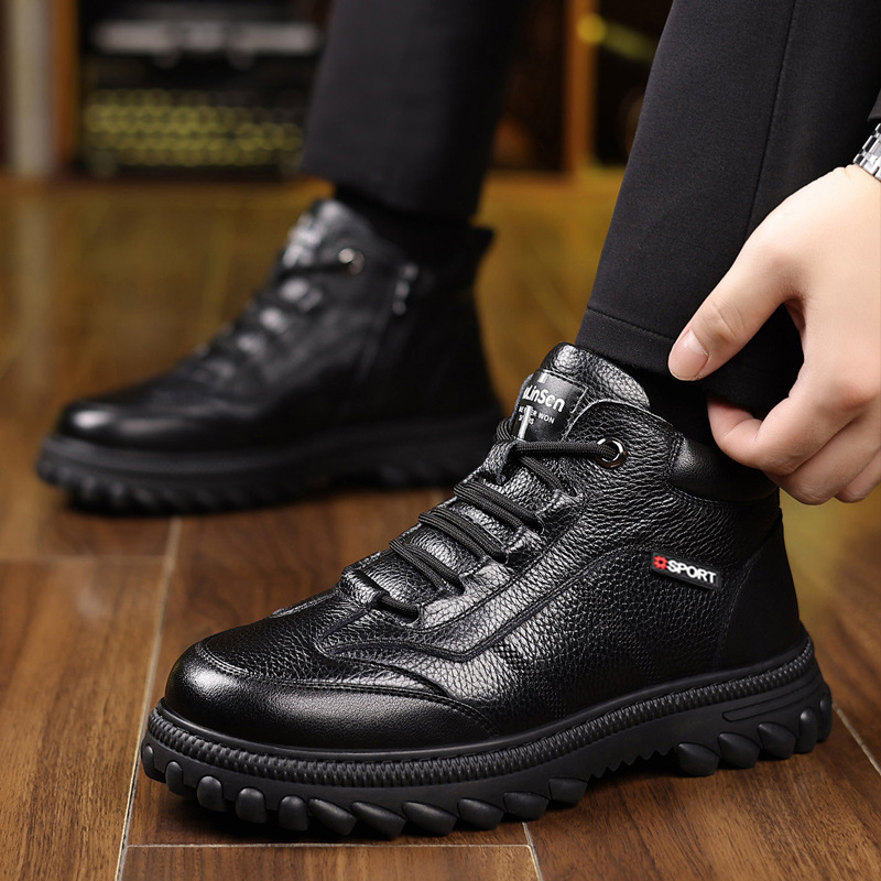 Pantofi de iarnă pentru bărbați, din piele de vită de prim-strat, căptuți cu fleece, talpă din cauciuc, anti-derapare și rezistenți la uzură