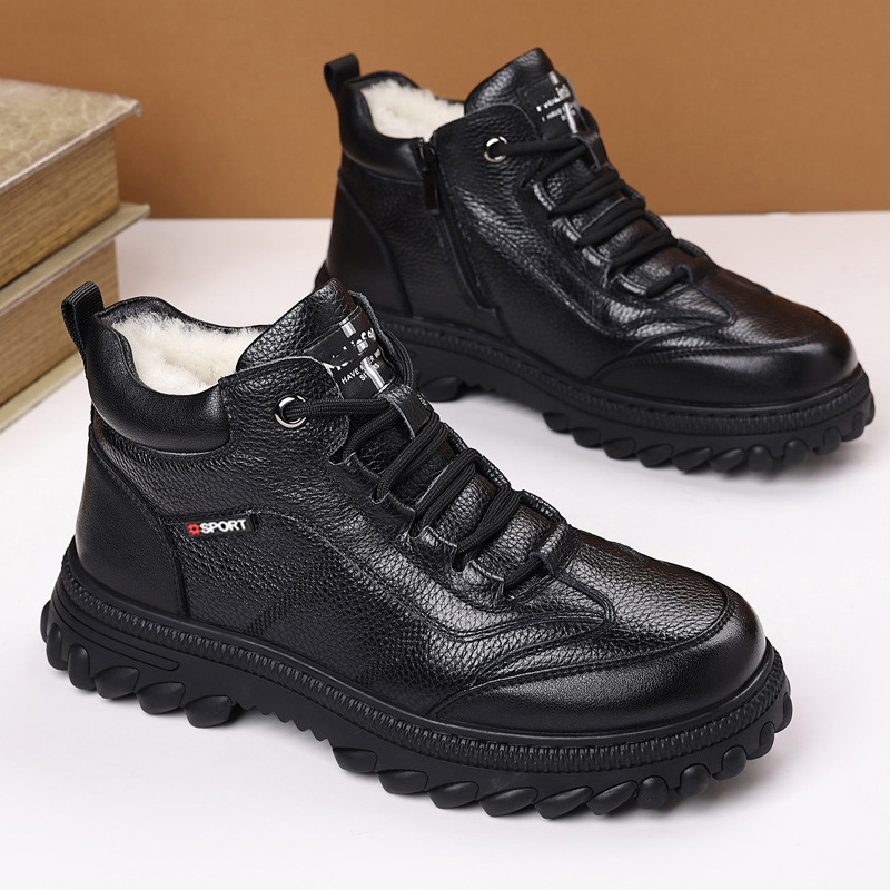 Pantofi de iarnă pentru bărbați, din piele de vită de prim-strat, căptuți cu fleece, talpă din cauciuc, anti-derapare și rezistenți la uzură