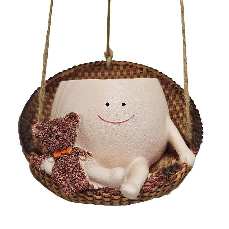 Spremnik za sukulente od smole, s nasmiješenim medvjedom na ljuljački – vrtna dekoracija; ovlaštena privatna marka