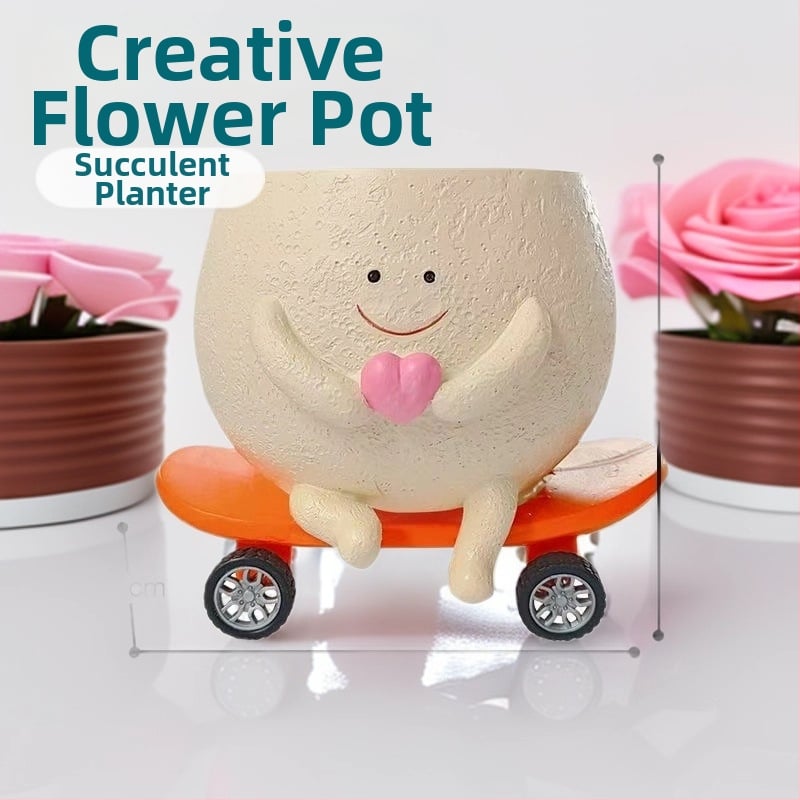 Planter od smole sa smeškastim lice na skateboardu – kreativni mali lonac za sukulente, pogodan za balkon, unutarnji prostor i vrt, izdržljiv