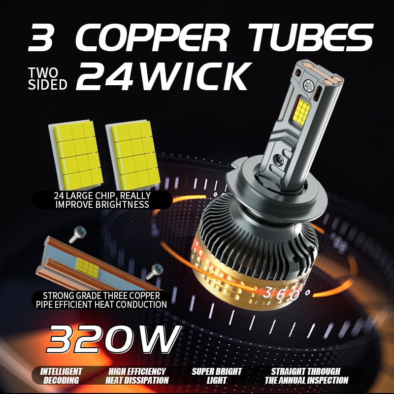 Far LED pentru mașină – design cu trei țevi de cupru, 320W, 12V, 128600 lm, IP68, 30.000h, Compatibil cu H7/H1/H4